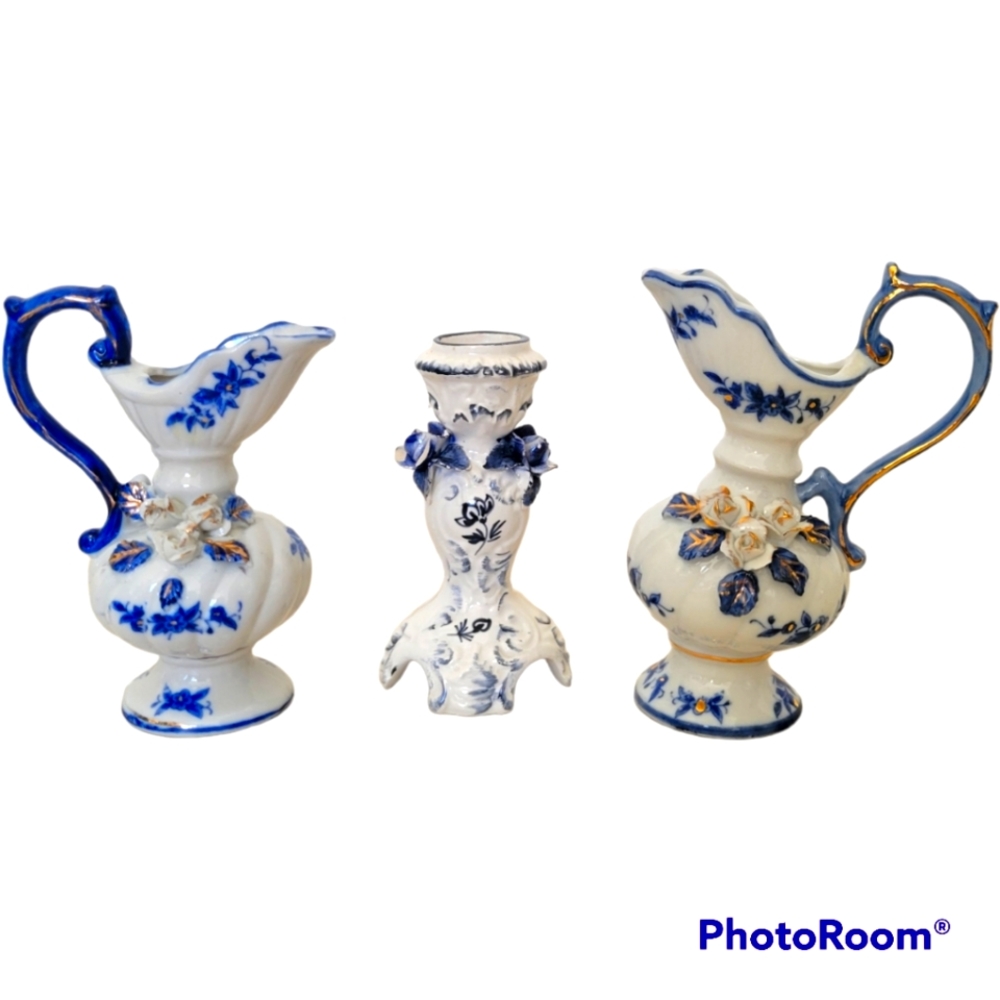Vintage LEGO Porcelain Decorative set of two pitchers and a candle stick holder